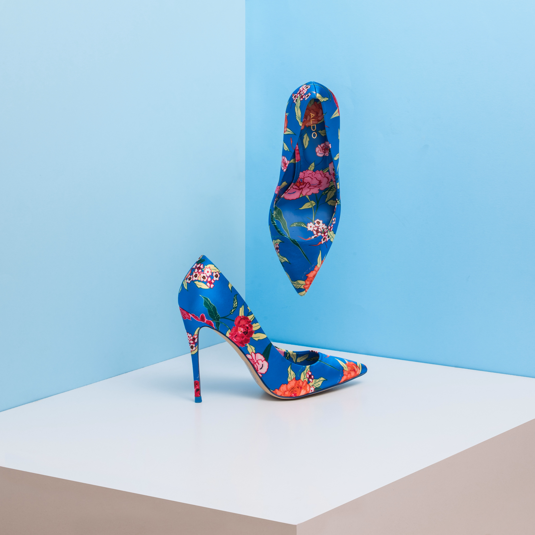 Aldo Blue-and-Pink Floral Almond-Toe Pumps